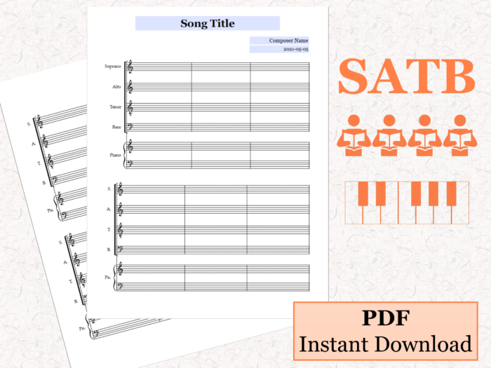 SATB Choir Piano - Printable Blank Sheet Music Paper PDF