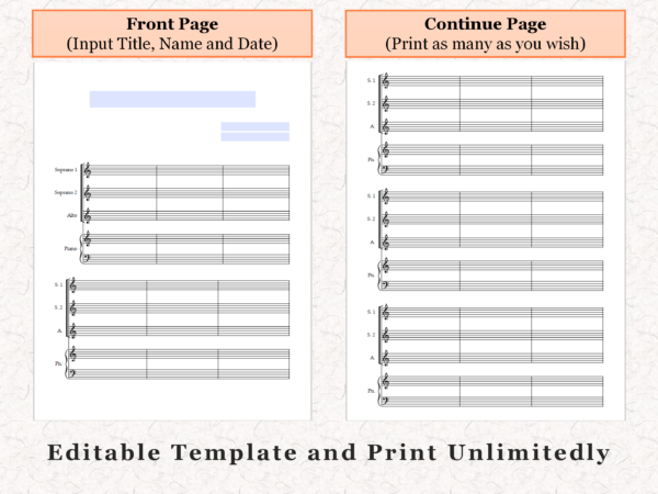SSA Choir Piano - Printable Blank Sheet Music Paper PDF 03