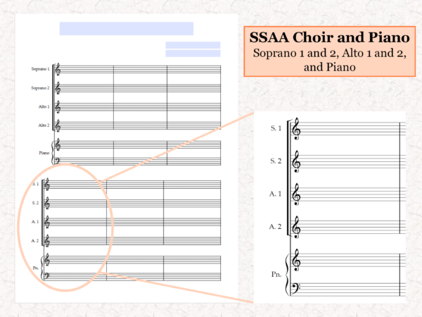 SSAA Choir Piano - Printable Blank Sheet Music Paper PDF 02