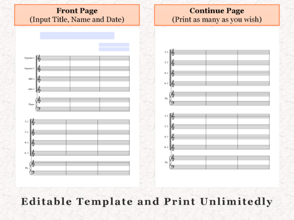 SSAA Choir Piano - Printable Blank Sheet Music Paper PDF 03