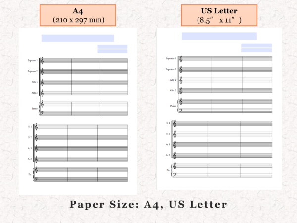 SSAA Choir Piano - Printable Blank Sheet Music Paper PDF 04