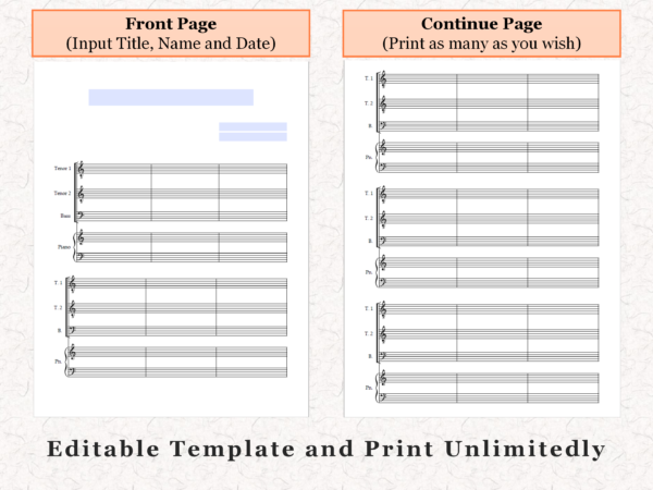 TTB Choir Piano - Printable Blank Sheet Music Paper PDF 03