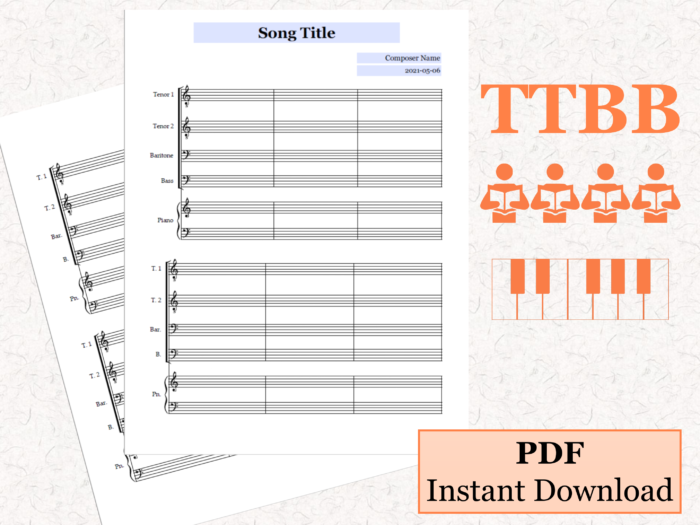 TTBB Choir Piano - Printable Blank Sheet Music Paper PDF