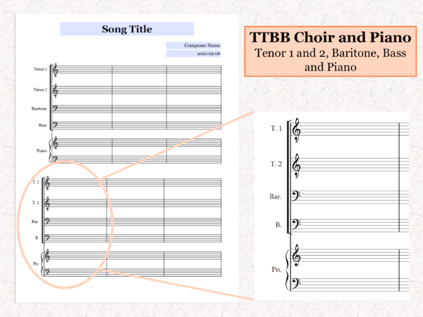 TTBB Choir Piano - Printable Blank Sheet Music Paper PDF 02